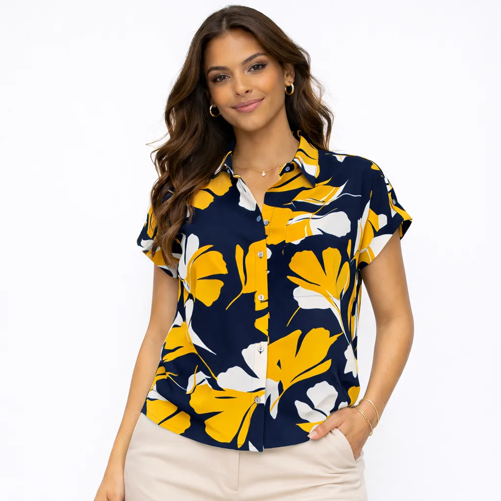 Dna Couture Printed Short Sleeved Collared Button Down Blouse